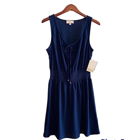 BEBOP Navy Tie Sleeveless Eyelet Fit + Flare lined dress -NWT -Size L (Large) - Picture 2 of 12